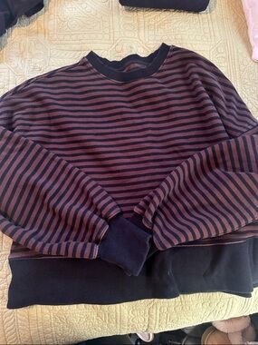 aerie Navy and Maroon Striped Crewneck Sweatshirt
